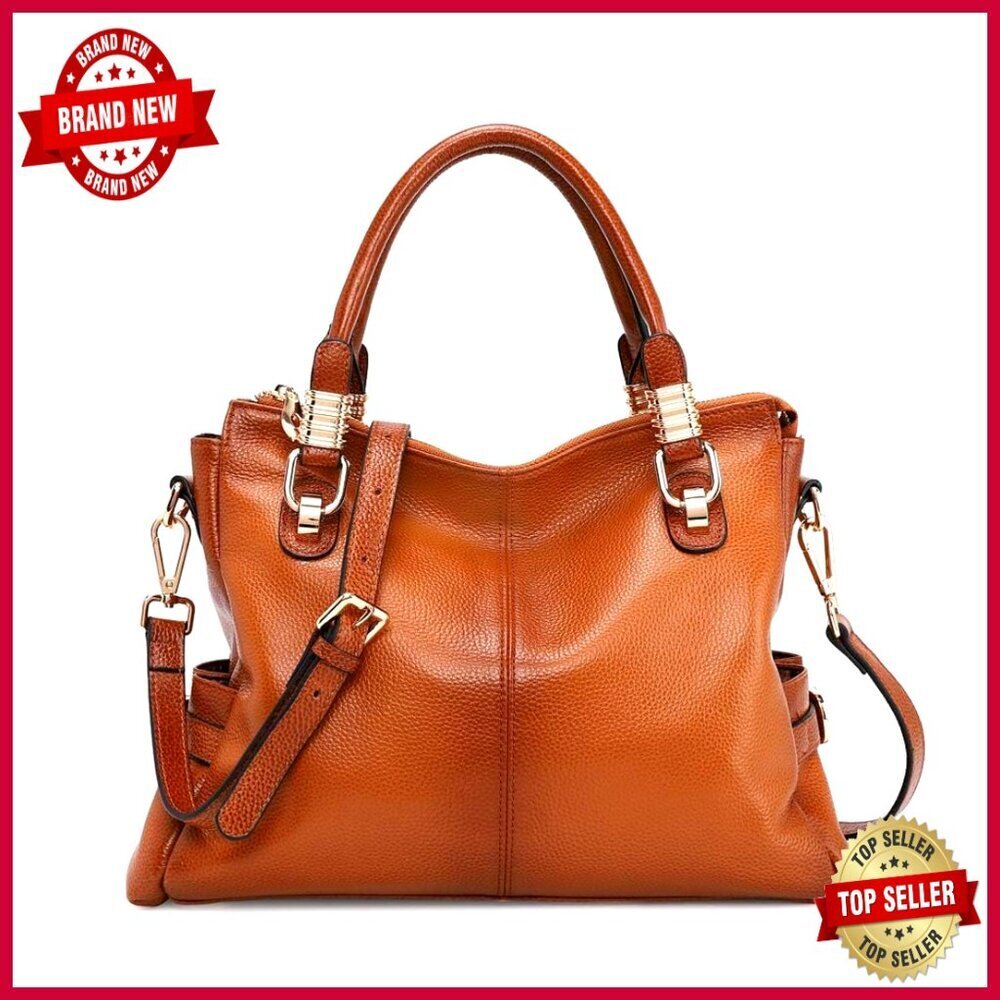 Large Genuine Leather Satchel Tote with Adjustable Strap, Multi-Pocket Design